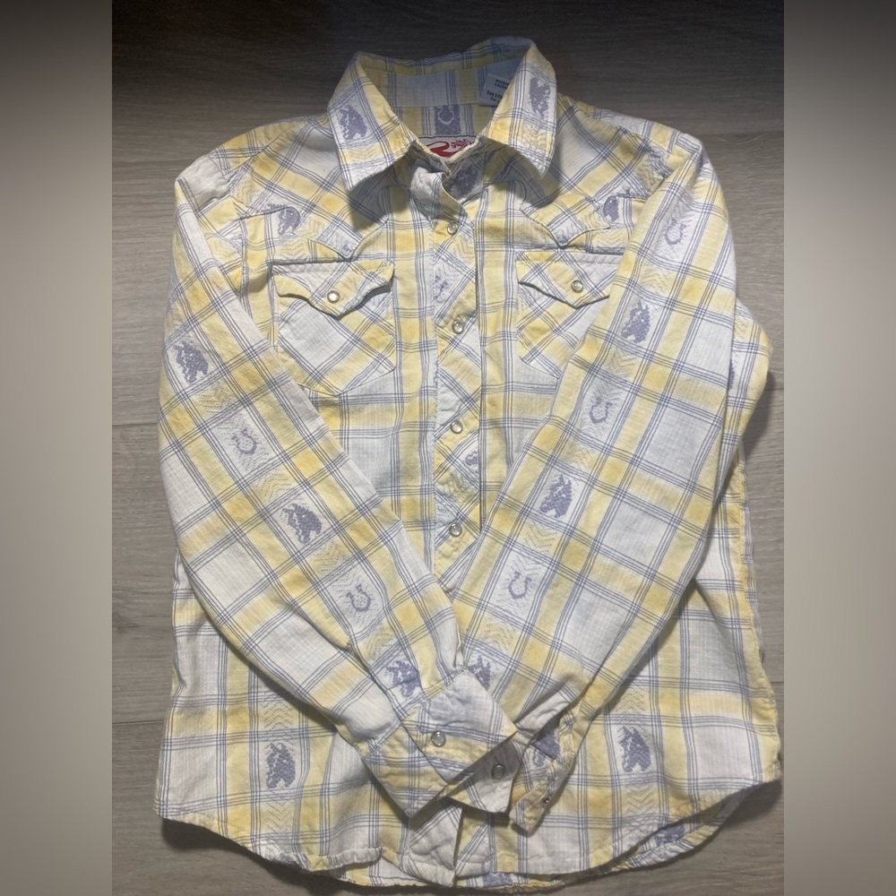 Roper Yellow and Blue Plaid snap up shirt